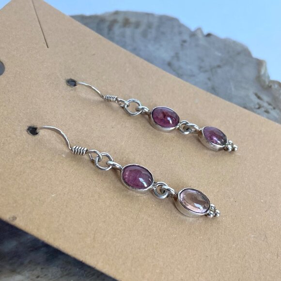 Sterling Silver 925 Dainty Oval Pink Tourmaline Multistone Dangle Drop Earrings - Picture 3 of 16